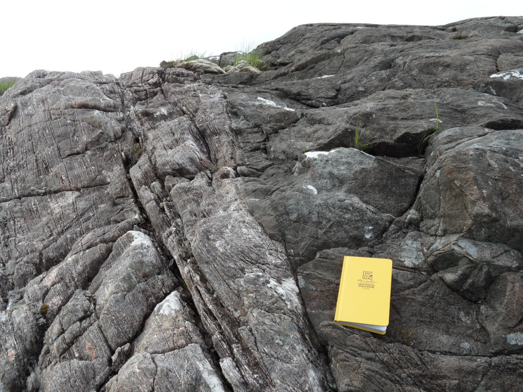 A sharp contact between the Lewisian gneiss and a Scourie dyke. As the dyke isn’t foliated this foliation must either be a Scourian or an Inverian feature.