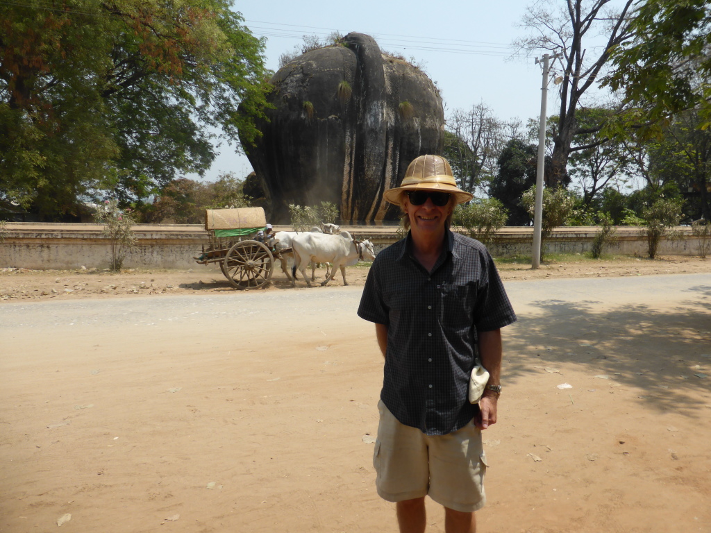 Mike at Mingun on the Irrawaddy, with local taxi bollock cart behind.