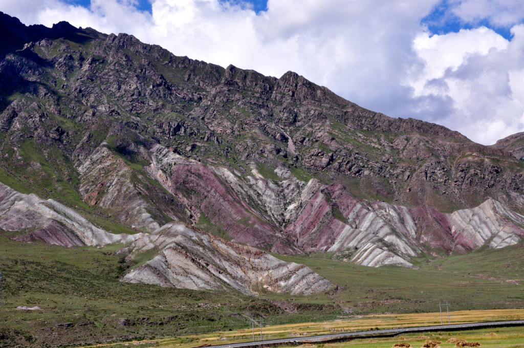 This spectacular c. 70 Ma regional angular unconformity in southern Tibet raises questions about the pre-collisional history of the plateau. Telegraph pole for scale.