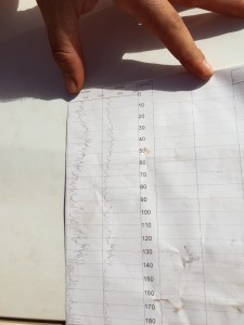 An example of a downhole gamma log with peaks corresponding to shale-clay-rich layers.