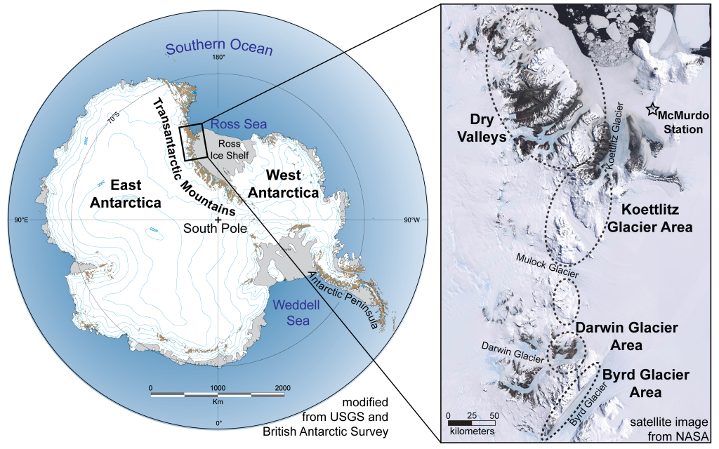 Figure 1. The Transantarctic Mountains span thousands of kilometers across the Antarctic continent. Metamorphic and igneous basement is well exposed (by Antarctic standards) in the southern Victoria Land region (area of the satellite image). The ellipses outline the different areas that we have focused on.