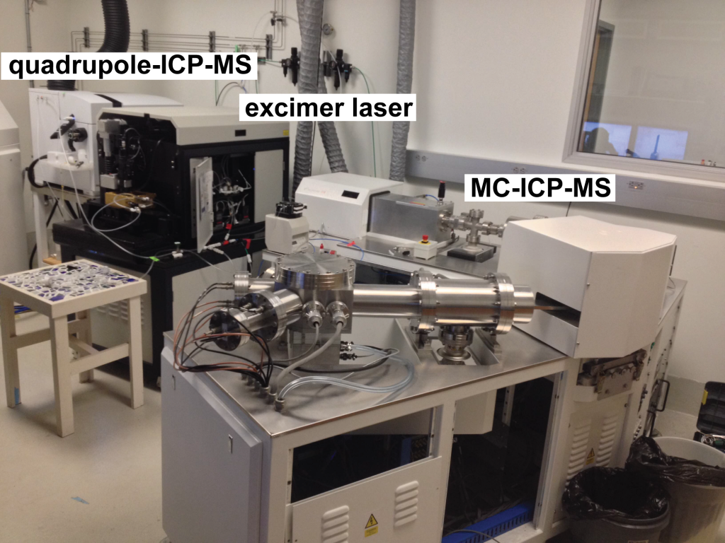 Figure 17. The ICP laboratory contains three ICP mass spectrometers (two pictured here) in one (small) room. We can connect the excimer laser to two mass spectrometers to simultaneously measure U-Th-Pb (±Hf) isotopes and trace elements in small (~10–50 μm diameter) mineral domains.