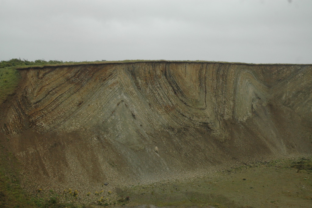 The Moler with interbedded light grey diatomites and darker volcanic ash layers. The whole sediment pile has been sharply folded by glacial push.