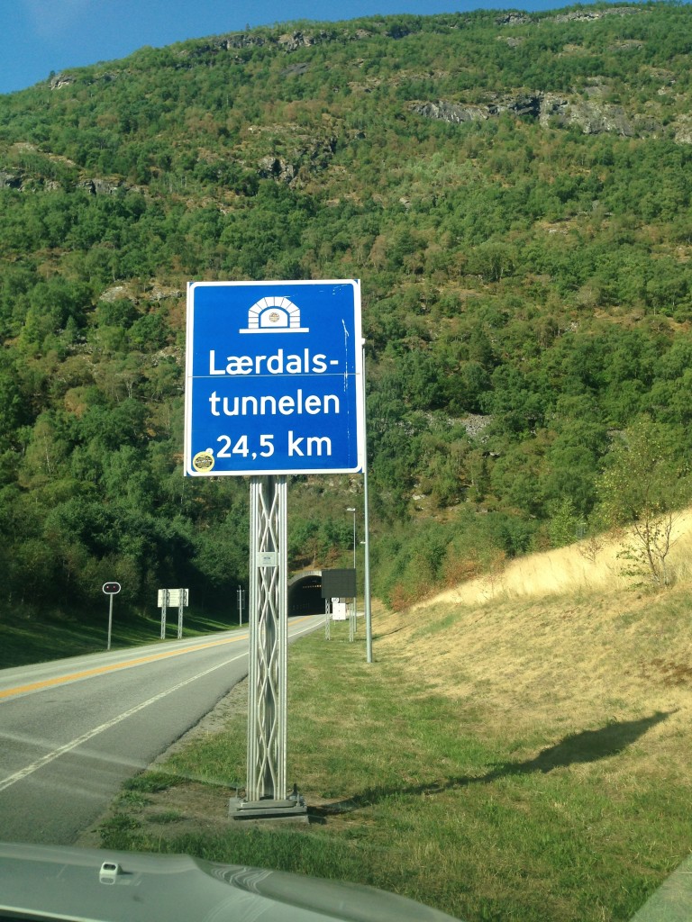 Entrance to the longest road tunnel in the world: the Laerdal Tunnel. The Norwegians have mastered the art of tunnel-building. This one, they feared, was so long it might induce mental strain, depression, or claustrophobia, so they split it into four sections with mood lighting that are punctuated by large openings where drivers can pull over and break the monotony.