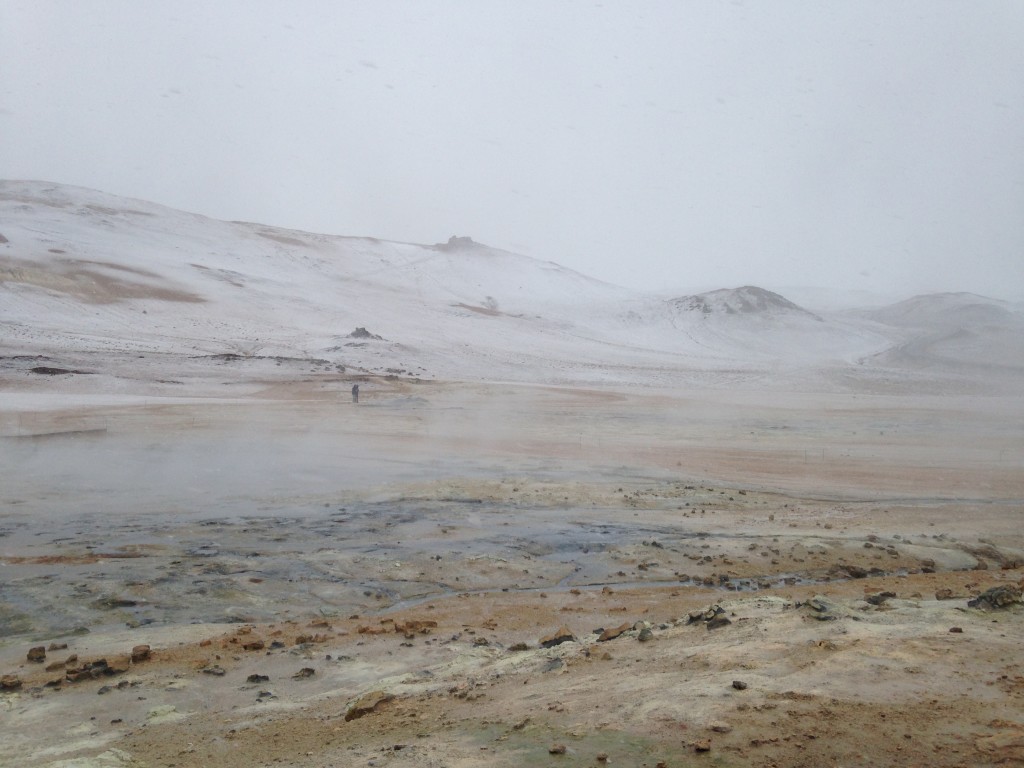 Snowy afternoon at Namafjall hot springs. Apart from the temperature, it was hard to tell what was geothermal steam and what was blizzard.