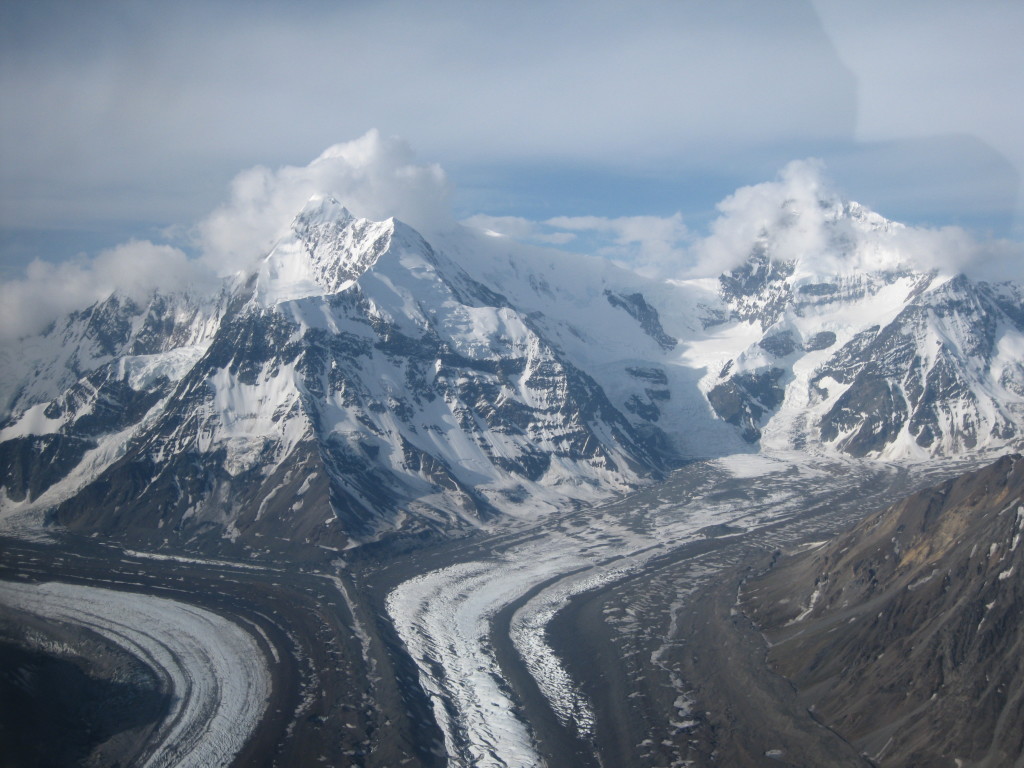 North face of Mt. Deborah and Mt. Hess from the window of the super cub on the flight into the Eastern Alaska Range. 