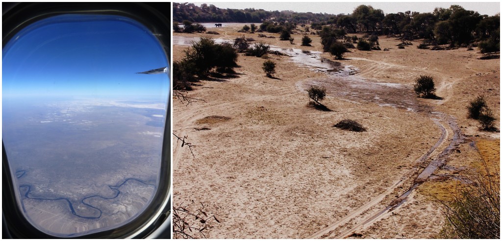 Left: From the air, the Boteti flowing towards Rakops in 2014, the pans visible in the background.  Right: Watching the Boteti flow past Khumaga in 2009 for the first time in 30 years. 