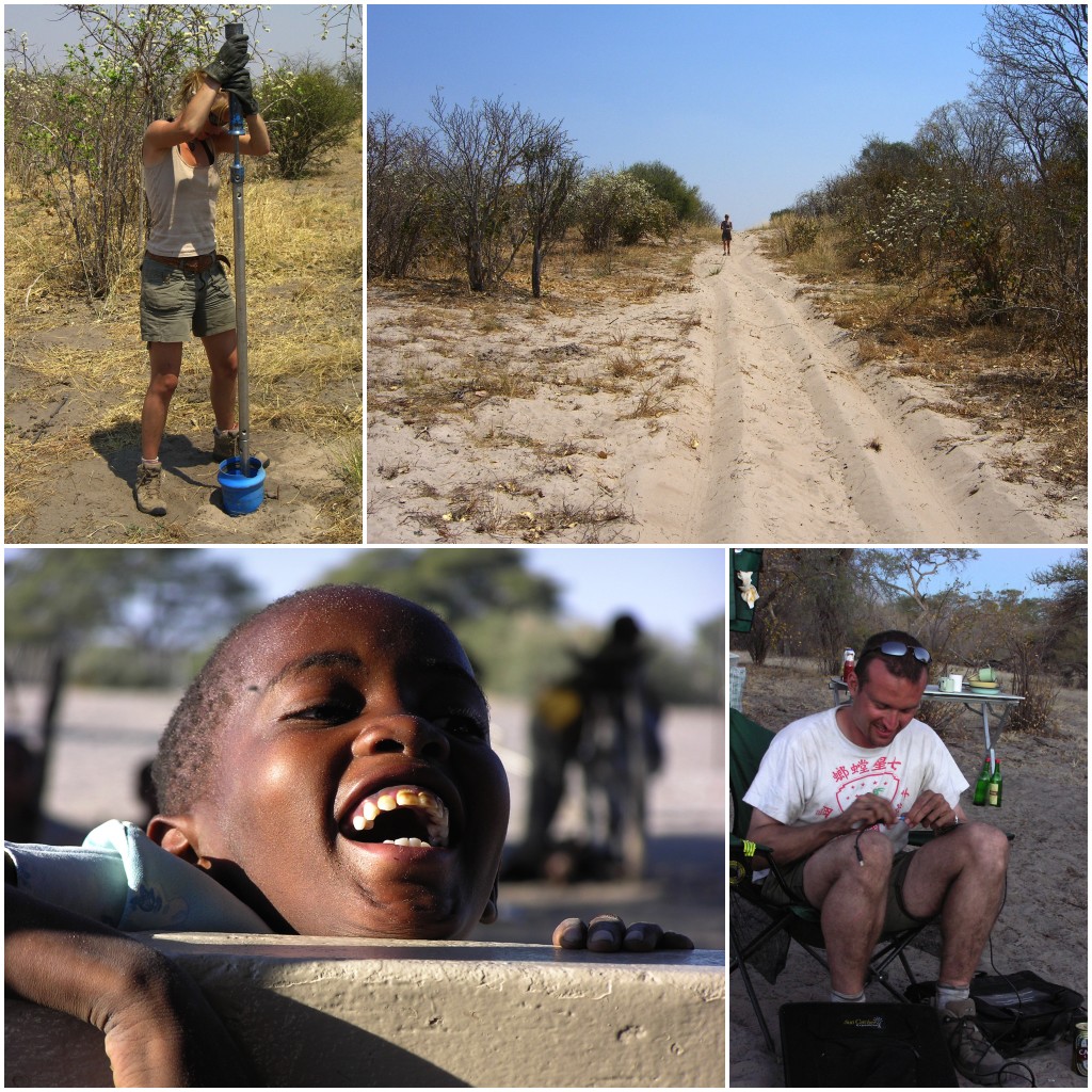 Top: Auguring shorelines for sand samples in the Mababe depression.  Bottom left: Messing about with kids in Kareng, Ngami. Bottom right: A colleague tries to fix a solar panel with duct tape to power the gamma spectrometer. 