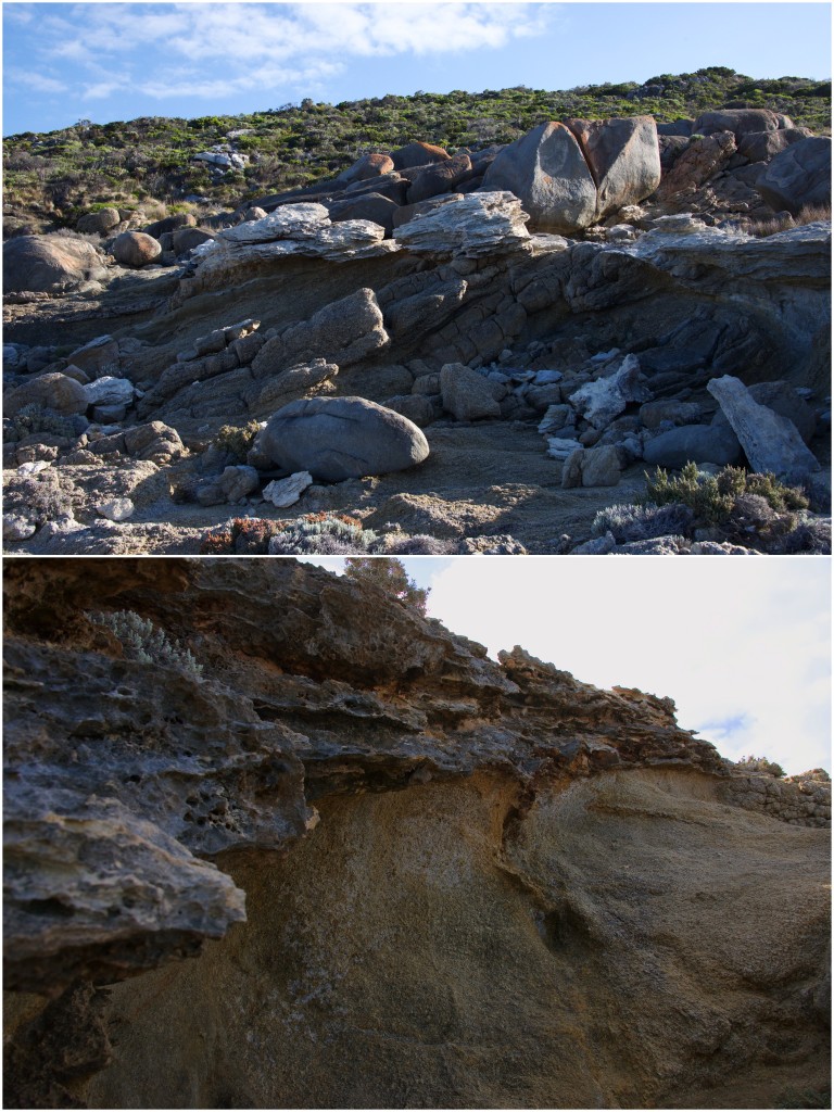 Heavily weathered gneiss  capped with fine-grained beachrock