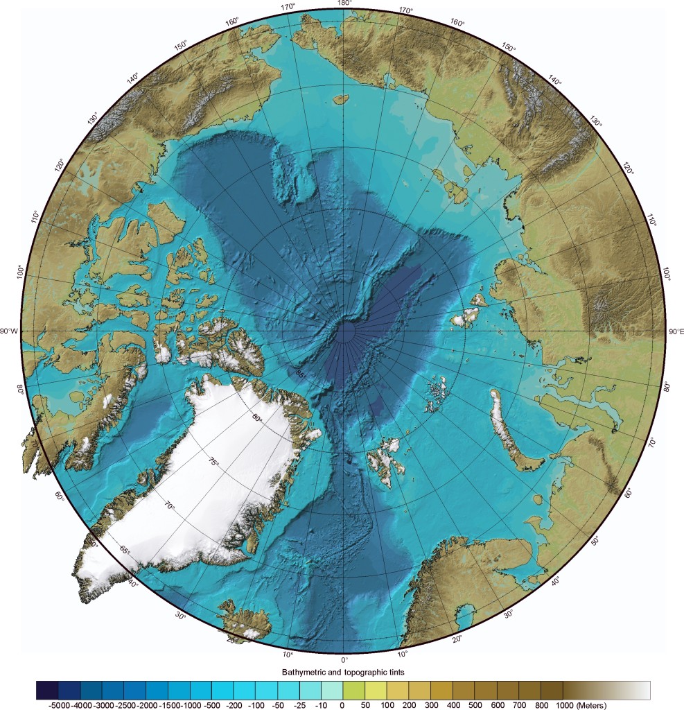 A polar projection shaded relief map indicating the location of the archipelago of Svalbard (www.geology.com)