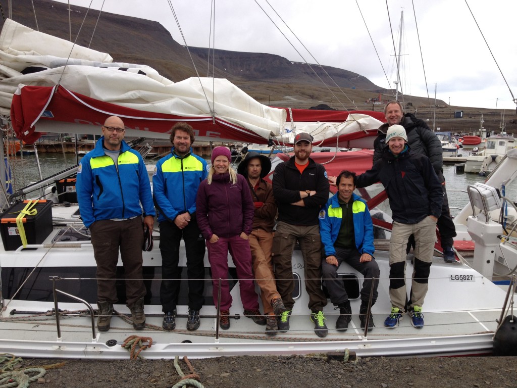       The 2014 IceBound team on the deck of sailboat S/Y Aleiga ready to set sail, from left to right Björn Gunnarson, Hans Linderholm, Anna Hormes, Toby Koffman, Will Philipps, Mauricio Fuentes, Anders Aulie, and Niklas Gerhardson.