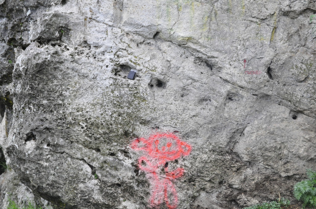 Even closer-up view of the Yermak reef rock: The rock is quite massive outside holes that have formed by percolating groundwater. The holes are concentrated in zones with many shell or coral fragments. Compass and Teletubby-Alien for scale.