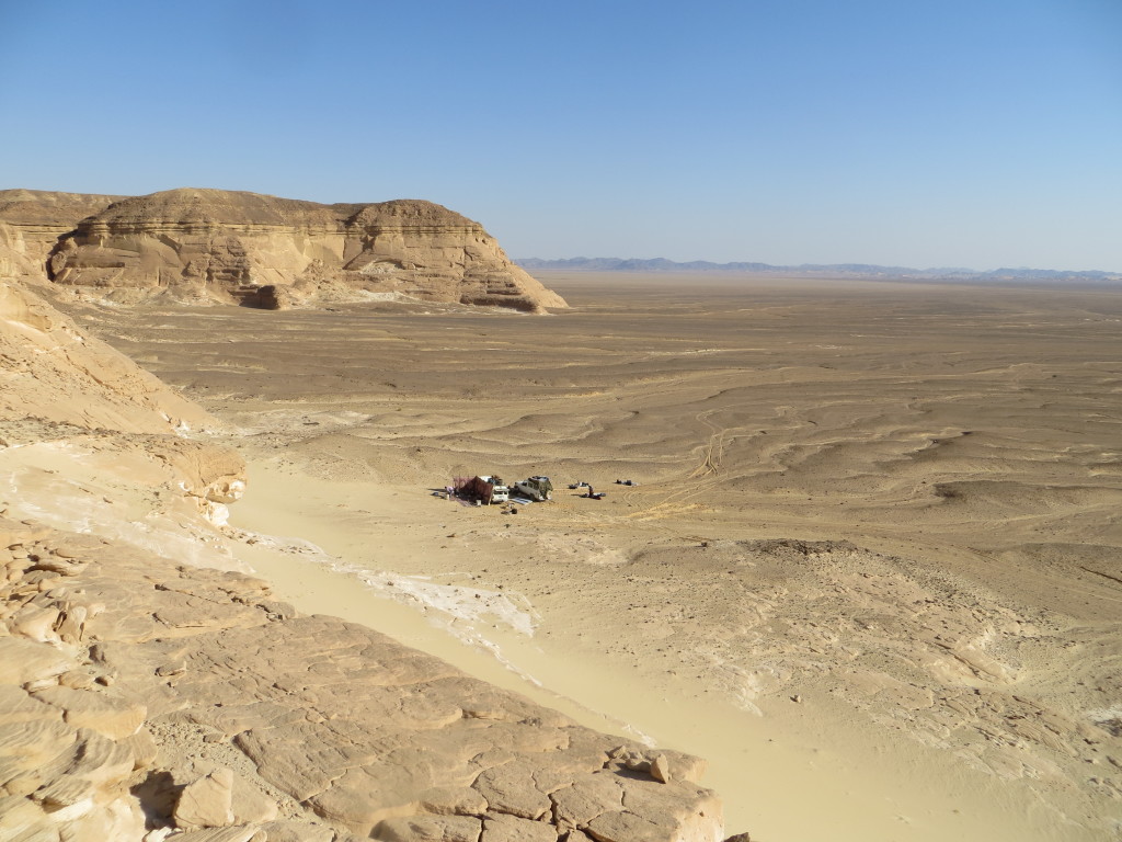 One of our many camps in the Red Sea Hills heading south down Wadi Qena. Topographic relief to the left of the photo comprises Cretaceous ‘Nubian’ sandstones capped by Eocene limestones.