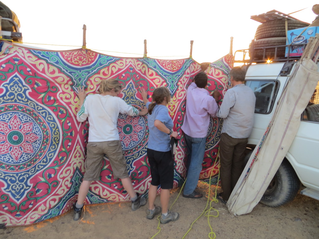 Battling with the wind breakers when setting up camp.