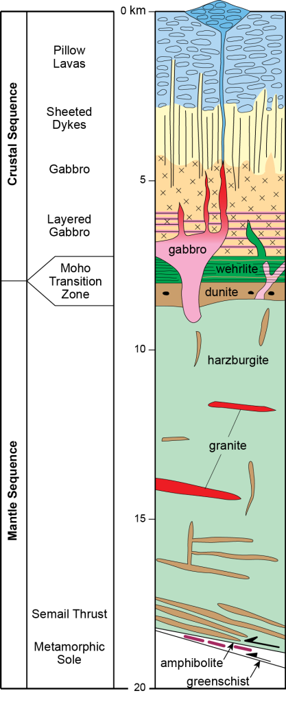 Schematic model of the Semail Ophiolite showing the major lithological units (after Searle et al., 2014).