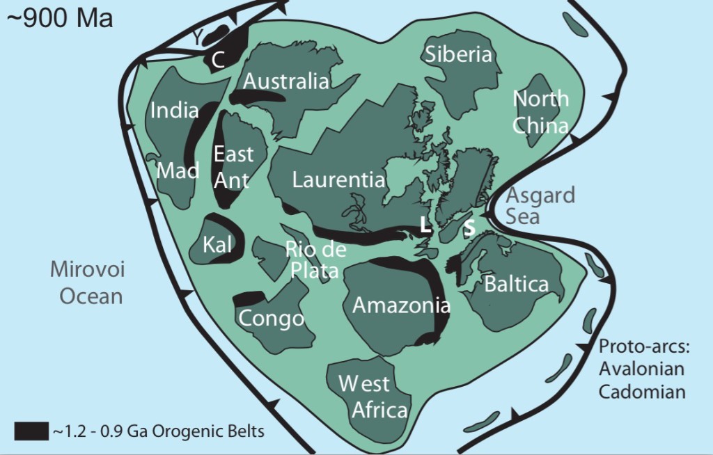 Schematic global paleogeography of Rodinia circa 900 Ma and orogenic events from the preceding 300 My are highlighted.