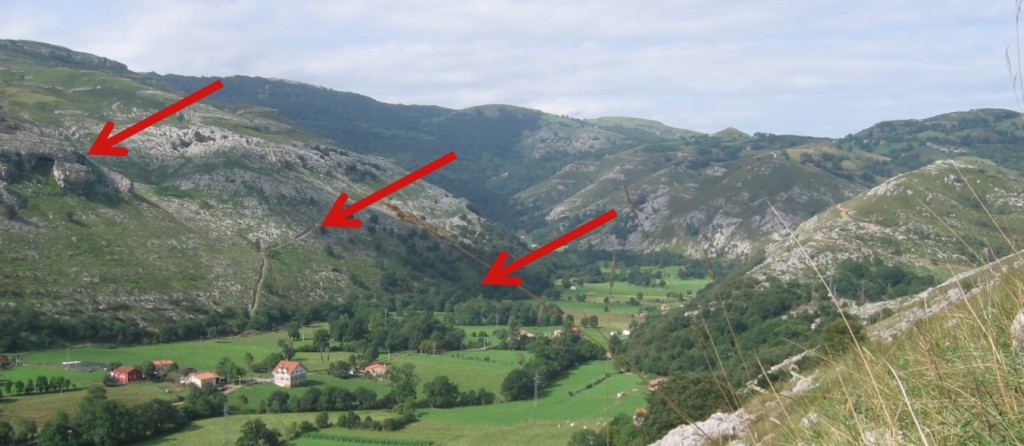 A view across form the entrance to Cueva d’ Asiul showing the entrance locations to several cave systems at different altitudes in the valley.