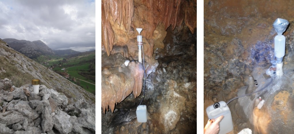 Some of the cave and climate monitoring undertaken in and around Cueva d’ Asiul as part of the PhD project: including rainfall and speleothem drip water collection.