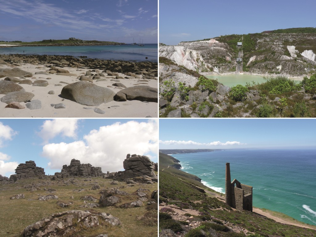 Varied exposures of the Cornubian Batholith.  Clockwise from top left: Granite boulders on the Isles of Scilly beaches; A disused china clay pit, St. Austell Granite; The iconic Towanroath engine house, near St. Agnes; Moorland exposure at Hound Tor, Dartmoor Granite.