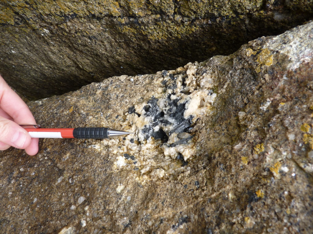 Pegmatitic quartz-tourmaline-feldspar “pocket” in coarse-grained porphyritic granite.