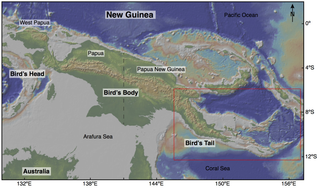 Figure 1. Map of New Guinea and northern Australia showing topography and bathymetry obtained from GeoMapApp (http://www.geomapapp.org; Ryan et al., 2009). The red outlined area marks location of Figure 2 in eastern PNG.