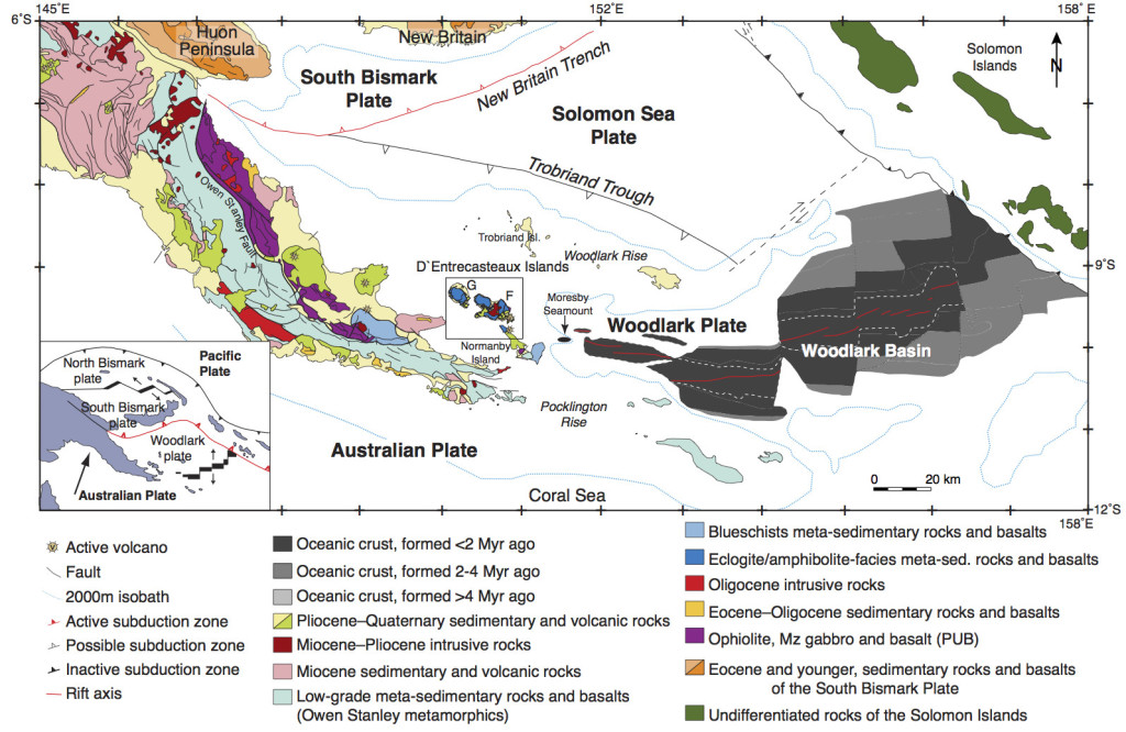 Figure 2. Simplified geologic map of eastern Papua New Guinea showing the major structures and rock types (after Baldwin et al., 2004). The area outlined indicates the location of the D’Entrecasteaux Islands (represented in Figure 3) west of the Woodlark Rift. The lower left inset (after Wallace et al., 2004) shows the plate-tectonic setting of the region.