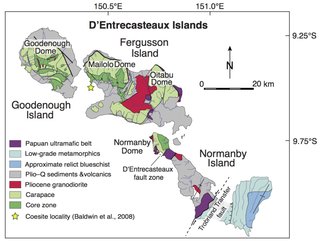 Figure 3. Simplified geological map of the D’Entrecasteaux Islands gneiss domes (after Davies, 1973; Hill, 1994; Little et al., 2007).