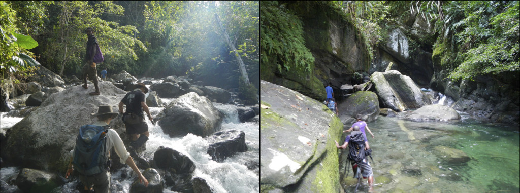 Figure 5. Left: Stacia Gordon, Tim Little, and Brian (guide) making their way up a tributary of the Fakwaoia River, Goodenough Island. Right: Traversing the Basuenoia River, Oitabu Dome, Fergusson Island. 