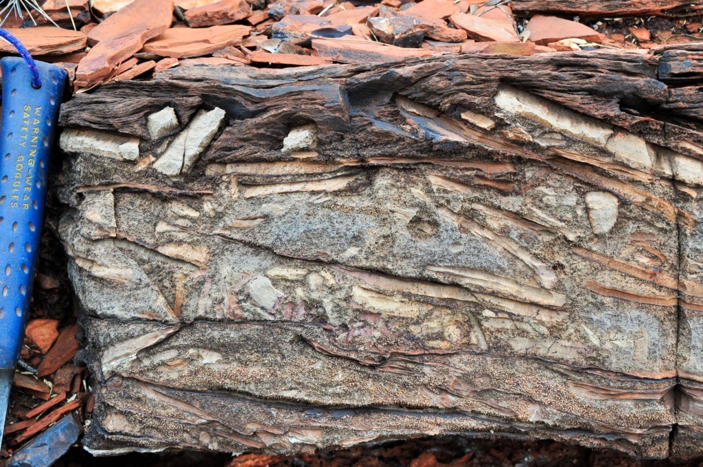 Outcrop of lower half of Wittenoom layer – note spherules at base, abundant intraclasts, and climbing ripples at top.