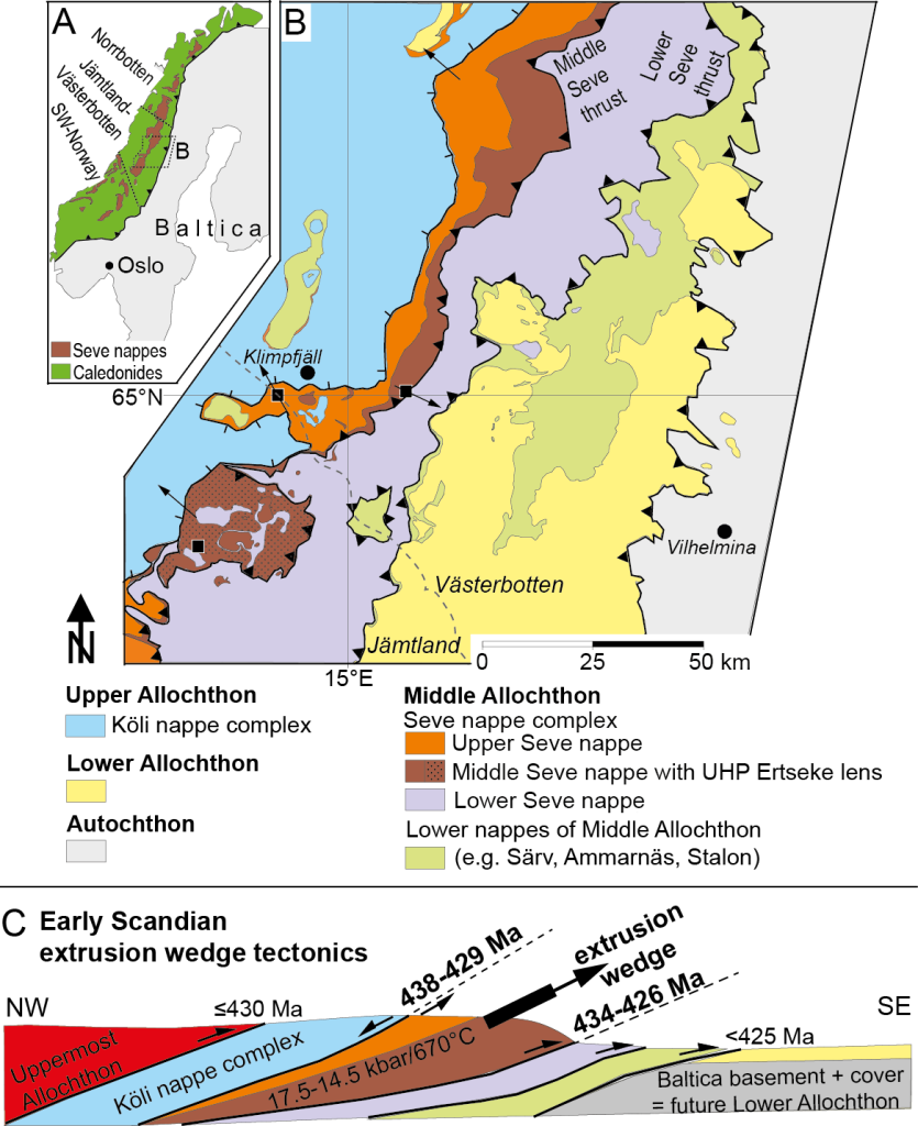 Fig. 1: A: Overview map of the Scandinavian Caledonides with Seve nappes and location of study area (B) and the segmentation as discussed in the text. B: Geologic overview map of major nappe units, their boundaries and sample locations in the study area. Minor thrusts, windows, and klippes are not highlighted by thrust signatures for clarity. Arrows indicate proven sense of shear. Broken line: Jämtland-Västerbotten boundary. C: Schematic cross section of study area (with supplemented parts of KNC and Uppermost Allochthon) with age constraints of nappe bounding shear zones and pressure-temperature data.