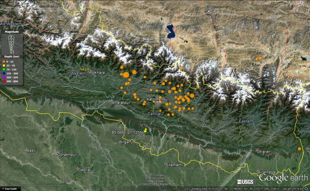 Figure 1. Google Earth image of Nepal showing location of the 25th April Gorkha earthquake and its aftershocks, courtesy of USGS.