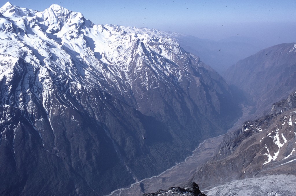 Figure 9. View down the South face of Langtang Lirung looking straight down the avalanche tract prior to the earthquake (photo Mike Searle).