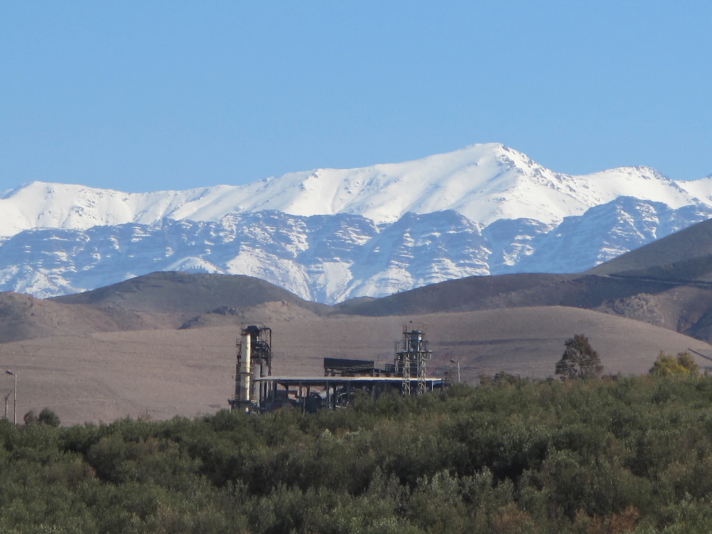 Mineral processing plant at the Hajjar mine in front of the Atlas Mountains.