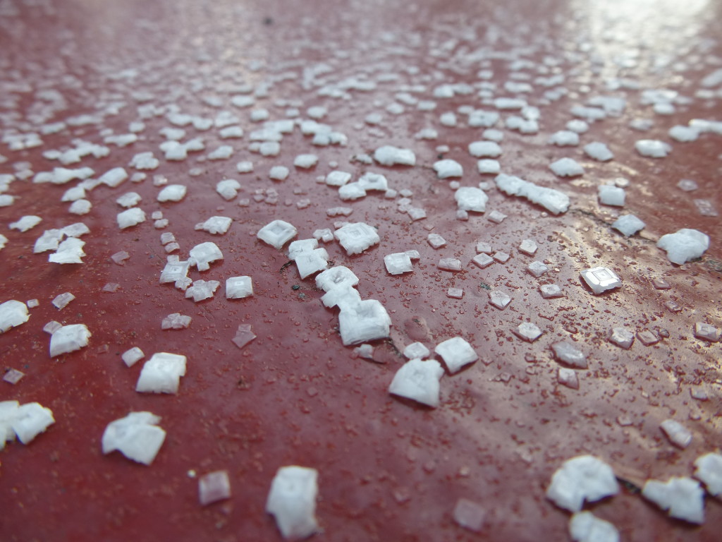 Salt crystals on deck after a storm