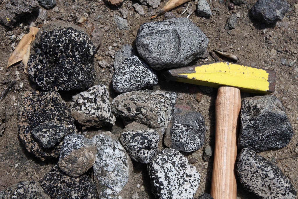 Fig. 3: A representative selection of cumulate blocks from the island of Carriacou, Grenada. A variety of textures, layering and mineral proportions are on show. The white mineral is typically plagioclase feldspar; the dark phases are clinopyroxene, hornblende and spinel.