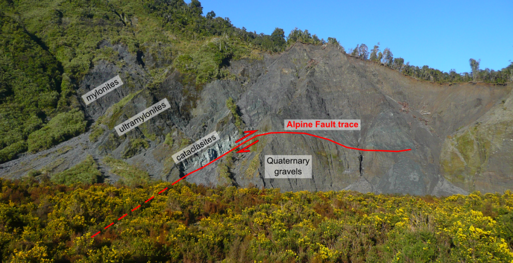 The archetypal Alpine Fault exposure at Gaunt Creek. The Alpine Fault principal slip plane lies at the base of the distinctive mint-green cataclasites, and exhumes a kilometre-wide hanging-wall sequence of mylonites formed at depth.