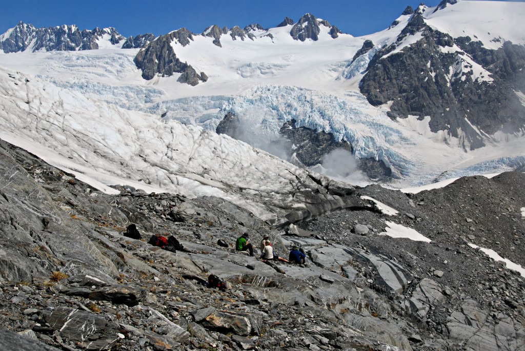 High above the rainforest – lunchtime at Crawford Knob, on the northern flank of the Waiho valley. Photo credit: Dave Prior. 