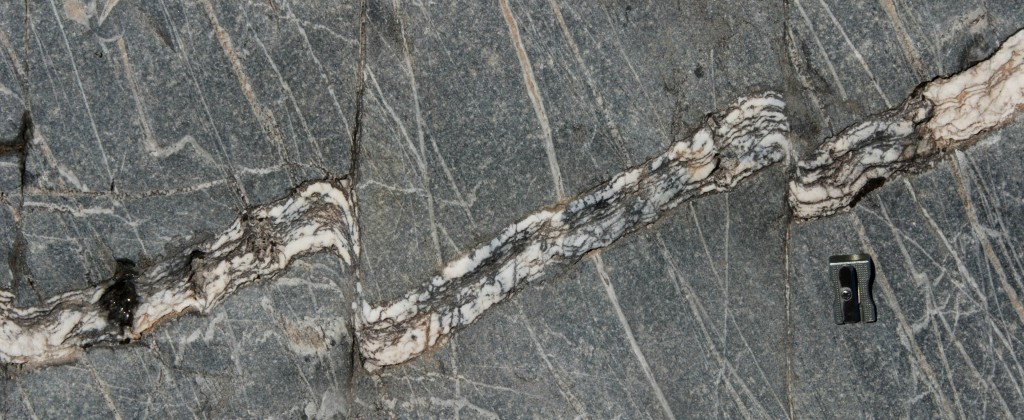 Brittle-ductile shears in quartz veins at Crawford Knob. 