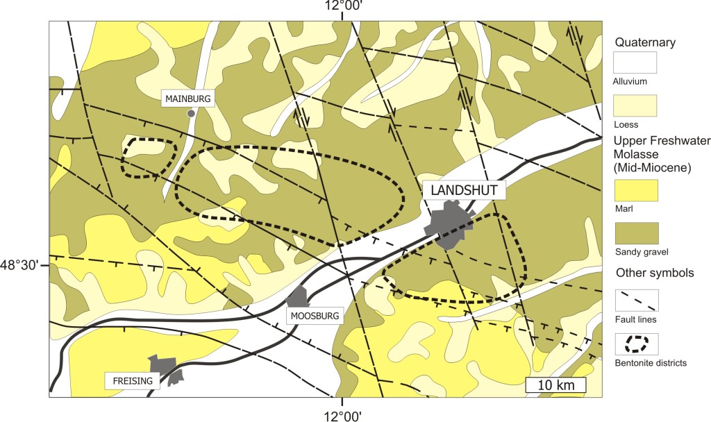 Fig. 2: Highly simplified geological map of Bavarian bentonites based on the geological map of Bavaria 1:500,000 (Bayerisches Geologisches Landesamt, 1996). Structural geology was taken from Unger (1999). All information taken and modified from Köster & Gilg (in press - 2015?).