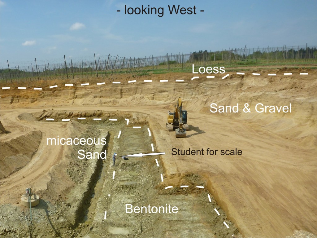 Fig. 3: A small Bavarian bentonite mine hosted in sand and gravel. Seen in center: My bachelor student taking samples.