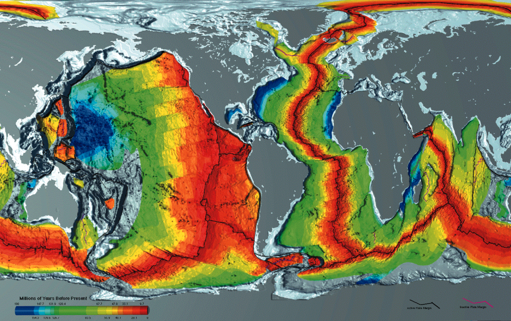 Age of oceanic crust; youngest (red) is along spreading centers and oldest along the margins of continents. Image from 