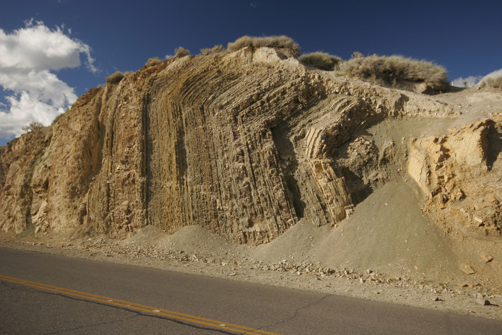 Photo 2: Road section of a thrust ramp anticline in the deformed sediments of the Chos Malal fold-and-thrust belt.