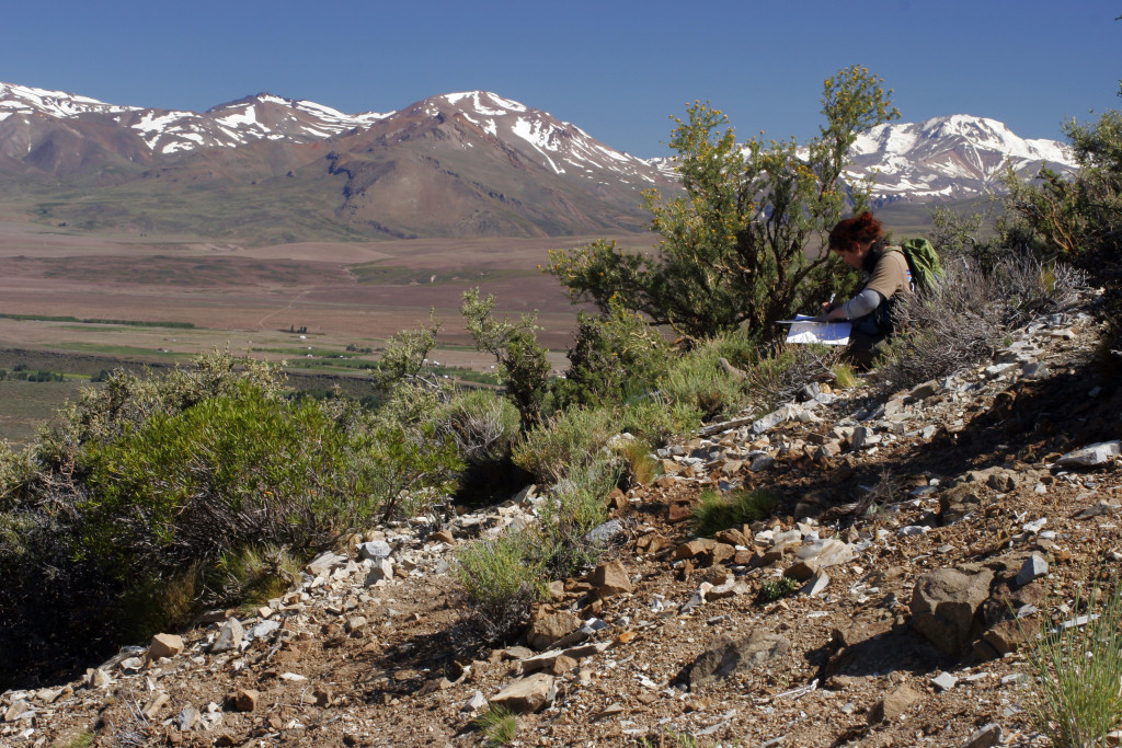 Photo 3: Derya mapping the relationship between magmatic conduits and sediments, always with a nice view of the Patagonian landscape.