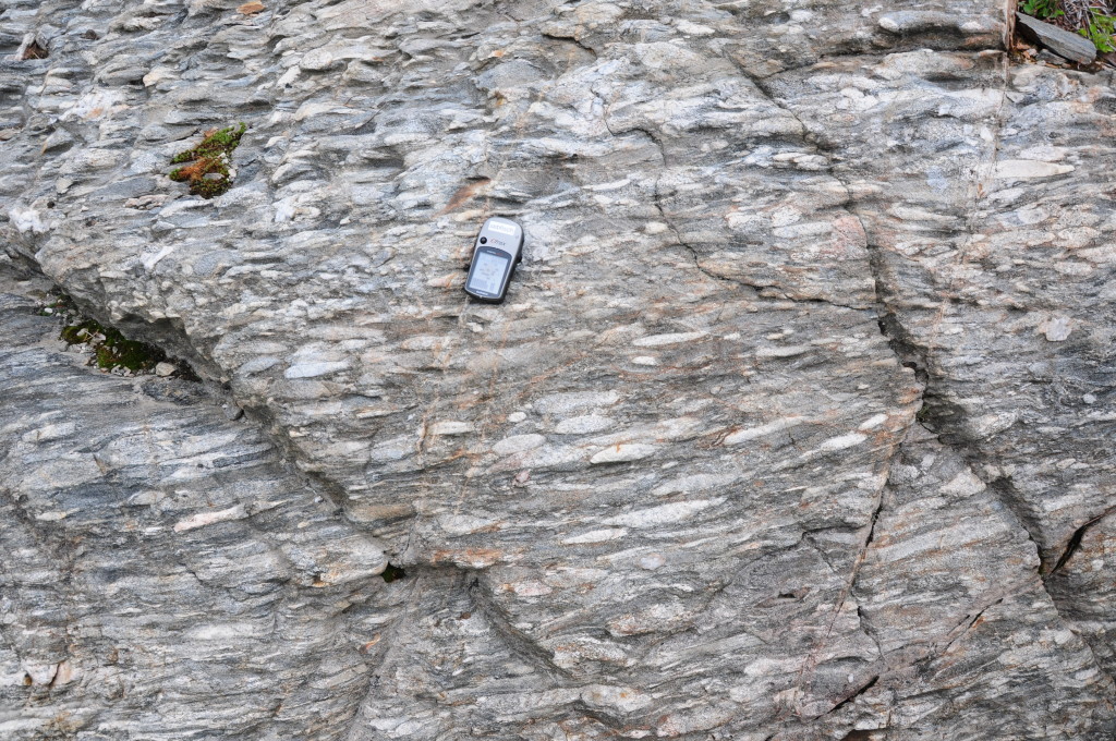 Fig 6. Borden Lake Conglomerate – a metamorphosed conglomerate with highly stretched pebbles.