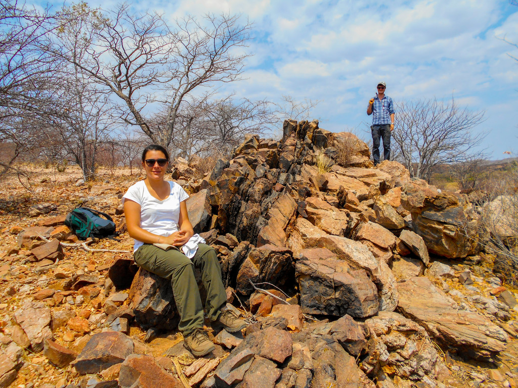 Figure 8: Myself and Delia on the famous ‘composite dyke’ comprising three generations of intrusion: granite-pegmatite, phonolite and carbonatite, respectively. Credit: Frances Wall.