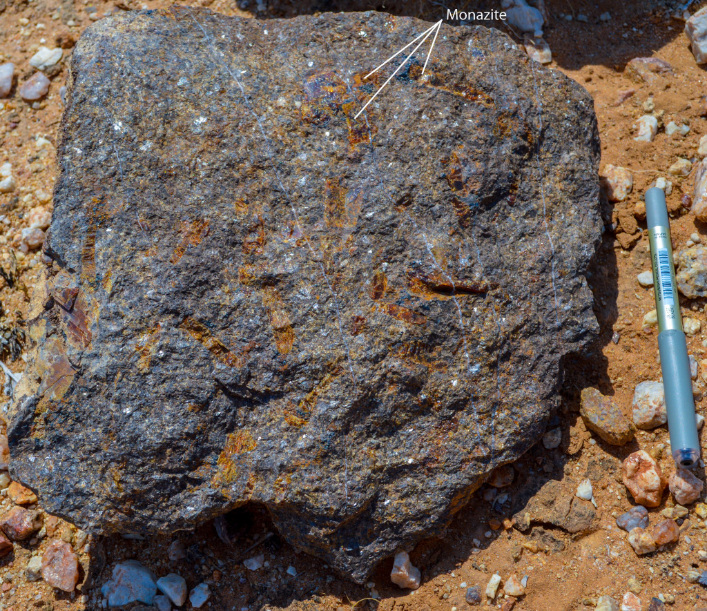 Figure 1: 1 – 4 cm monazite grains in a dolomite carbonatite, Eureka.