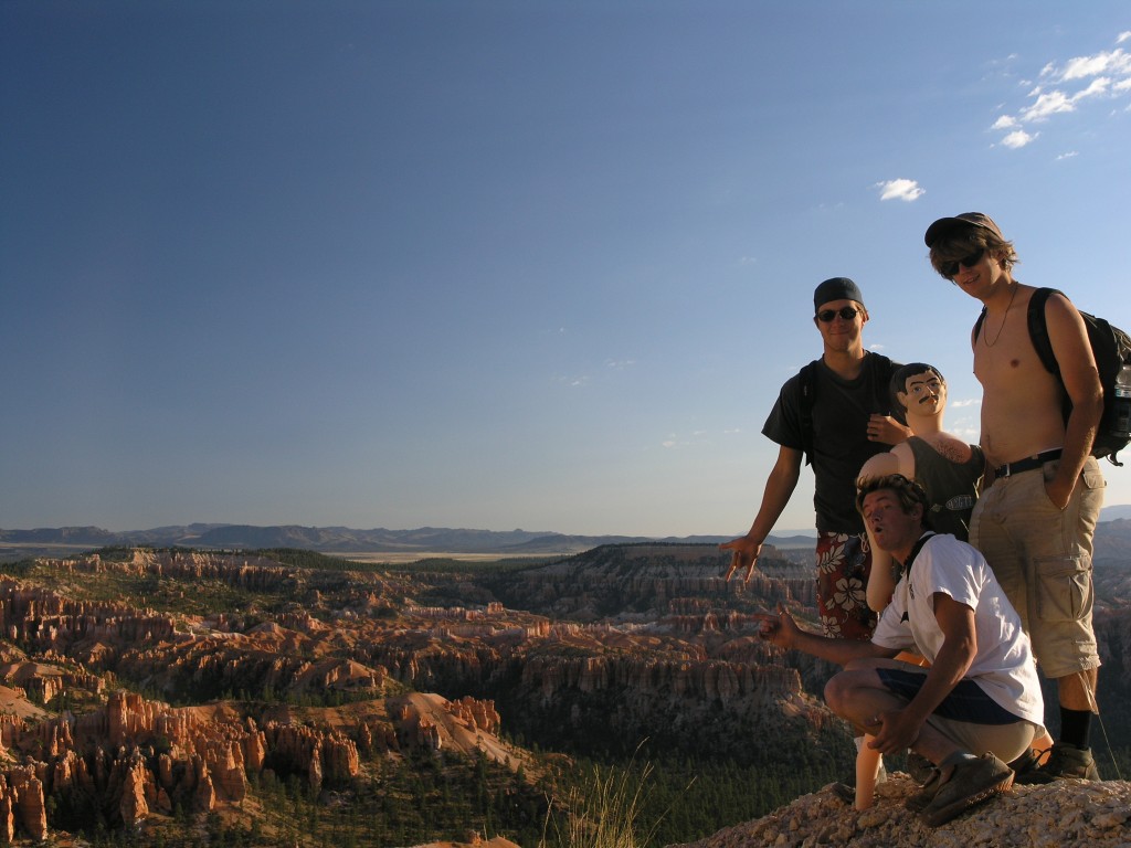 On the road at Bryce canyon with Jonathan Hanson, Jonny Davidson, Ben Kennedy and Dwain the love doll.