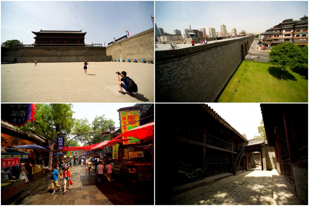 top left: classic tourist photo within one of the ancient courtyards; top right: looking across the 12 metre wide 16th century fortifications; bottom left: the lively Islam quarter; bottom right: one of many quiet corners.