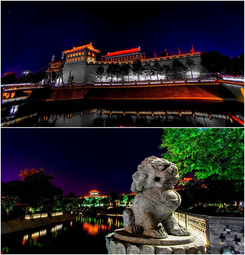 top: fortress of Xi'an; bottom: looking across the moat from the south bridge.