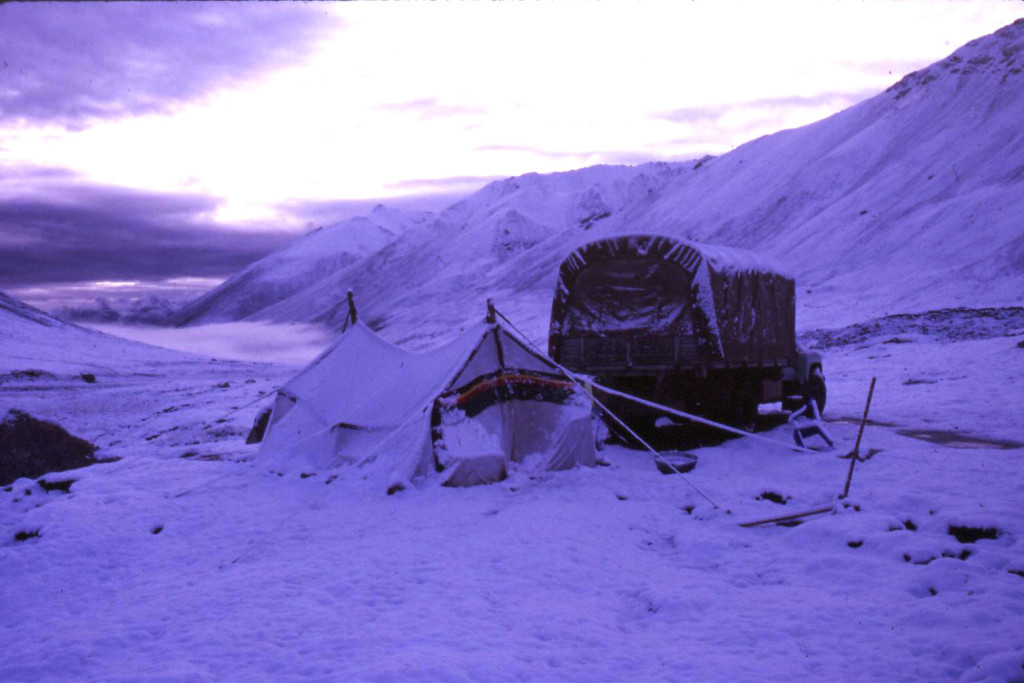 Camping at the southwestern end of the Nyainqentanglha range. We often woke to frozen boots in our tent vestibules, and a half-collapsed cook tent. The large truck behind the tent is our Dong Feng, which carried all of our food, gear, and gasoline.